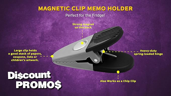 10 Magnetic Memo Holders Set - Large Clip, Plastic - Silver Black