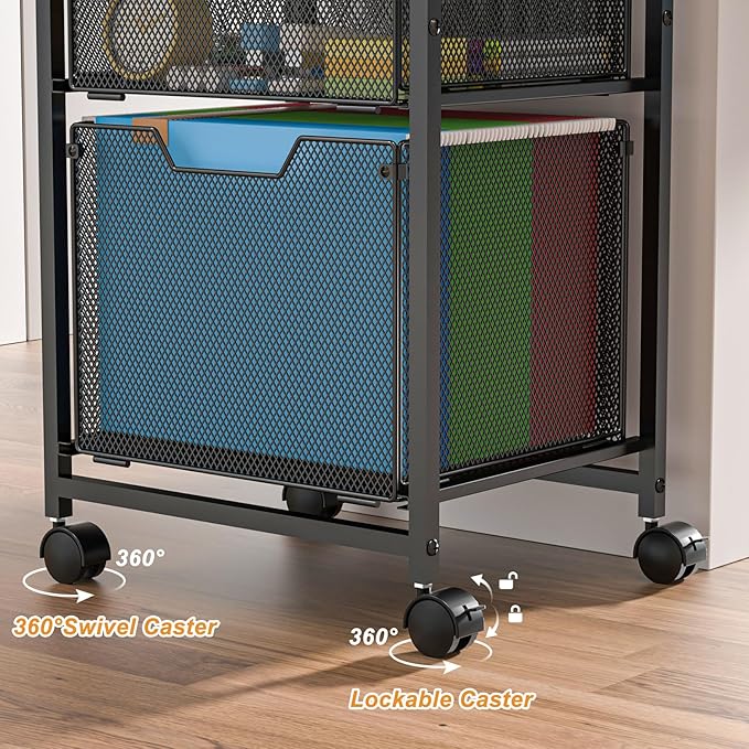 Feyejade 6-Tier Rolling File Cart with 2 Drawers, File Cabinet Organizer for Hanging File Folders, Letter-Size File Storage with Wheels, Multi-Layer Mobile Filing Cabinet for Office and Home