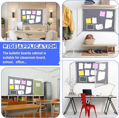 Enclosed Bulletin Board 48" x 36" Weather Resistant Lockable Notice Cork Display Board Wall Mounted 2 Locking Door for School Classroom Commercial Christmas, 12 x A4(Gray, Silver Frame)