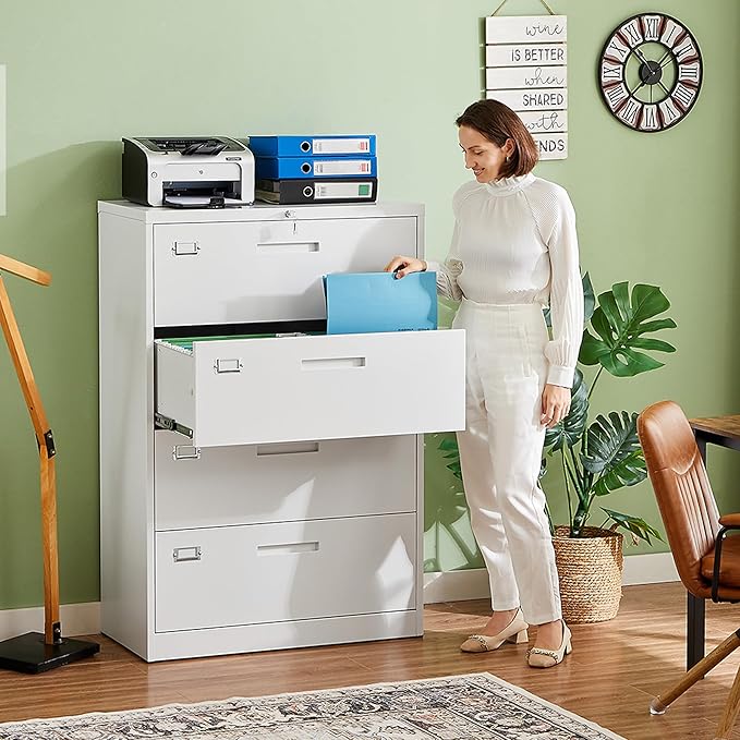 Letaya 4 Drawer File Cabinet with Lock, Metal Lateral Filing Cabinet Wide Office Organization Storage for Home Office Hanging Letter/Legal/F4/A4 (White-Requires Installation)