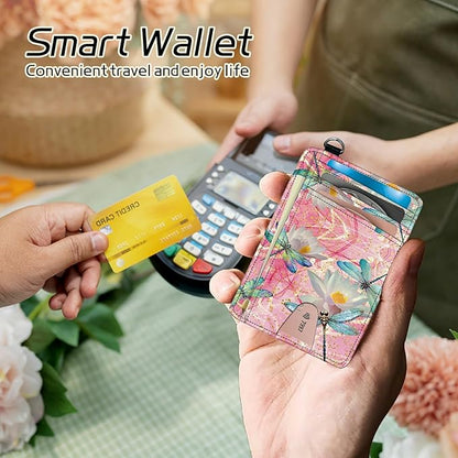 BWEGRHE Small Travel Wallets, Pink Dragonfly Slim Minimalist Front Pocket Wallet with Wristlet, RFID Blocking PU Leather Credit Card Holder with ID Window Change Purse for Men Women