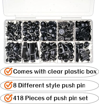 418 Pcs Push Pins Set,8 Types Black Thumb Tacks for Cork Board Bulletin Boards Home Office Accessories
