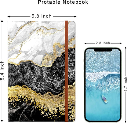 Lined Journal Notebook, Marble Hardcover, Medium 5.7 x 8.4 in, 160 Pages Thick Paper, Cute Aesthetic College Ruled Notebook for Journaling Writing Work Office School Men Women, Black White Gold