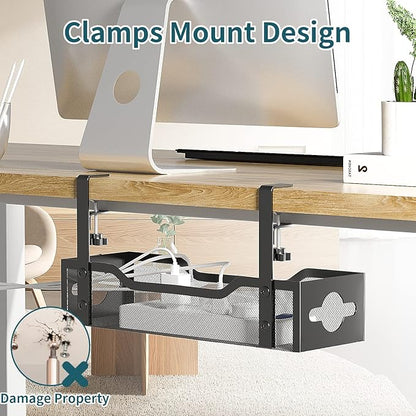 Litwaro Under Desk Cable Management Tray 2 Pack, No Drill, Organizer with Clamp Easy to Install for Standing Cord Organizer, Wire Damage Desk, Black, 13.38''-2 pack