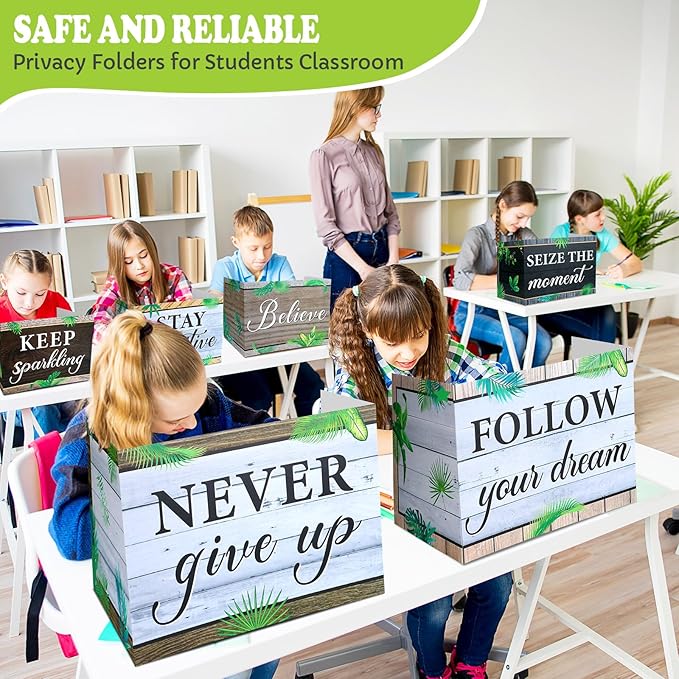 Honoson 24 Pcs Bulk Inspirational Privacy Folders for Students Cardboard Test Privacy Boards Motivational Words Desk Dividers Shield for Classroom School Study Supplies, 6 Styles(Leaves)