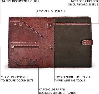 Leather Village Leather Portfolio Organizer - Professional Business Padfolio for Men & Women - Stylish Document Card Holder, Resume Folder, Folio for A4/Letter Size Writing Legal Pad, Red