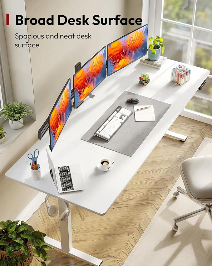 SANODESK Electric Standing Desk 79 x 32 Inches Height Adjustable Stand Up w/6-Button Controller Ergonomic Computer Desk with Splice Board for Home Office, White Frame + White Tabletop