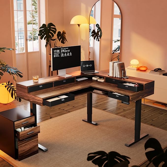 HUANUO 65.5" × 57.6" Electric L Shaped Standing Desk with 6 Storage Drawers, 2-Tier Corner Sit Stand Desk with Power Strip Tray & Cable Grommets, Height Adjustable Computer Gaming Table, Walnut