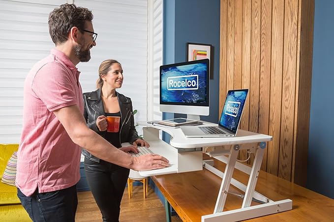 Rocelco 37.5" Height Adjustable Standing Desk Converter with Dual Monitor Mount and Slide Out Retractable Keyboard Tray - Sit Stand Up Double Screen Tabletop Riser Workstation - White (R DADRW-DM2)