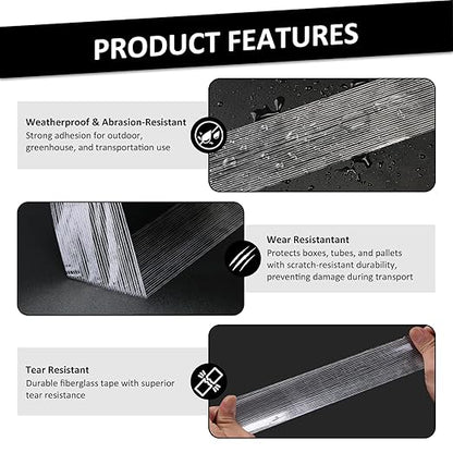 Ealyder Tape 2 Inch x 30 Yards Transparent Reinforced Fiberglass Tape – 5.5 Mil Filament Strapping Tape, Adhesive Heavy Duty