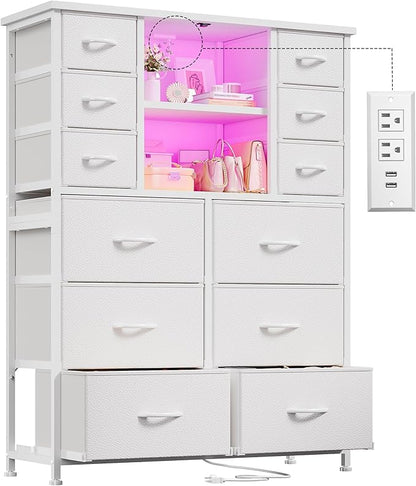 EnHomee Dresser for Bedroom with Drawers, Charging Station & LED Light, Large White Dresser for Hallway, Living Room, Entryway, Wooden Top, Metal Frame, 50.6" H x 37.8" W x 11.8" D