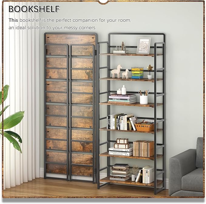 4NM No Assembly 6 Tiers Folding Bookshelf Storage Shelves Vintage Bookcase Standing Racks Study Organizer Home Office (Rustic Brown Black)