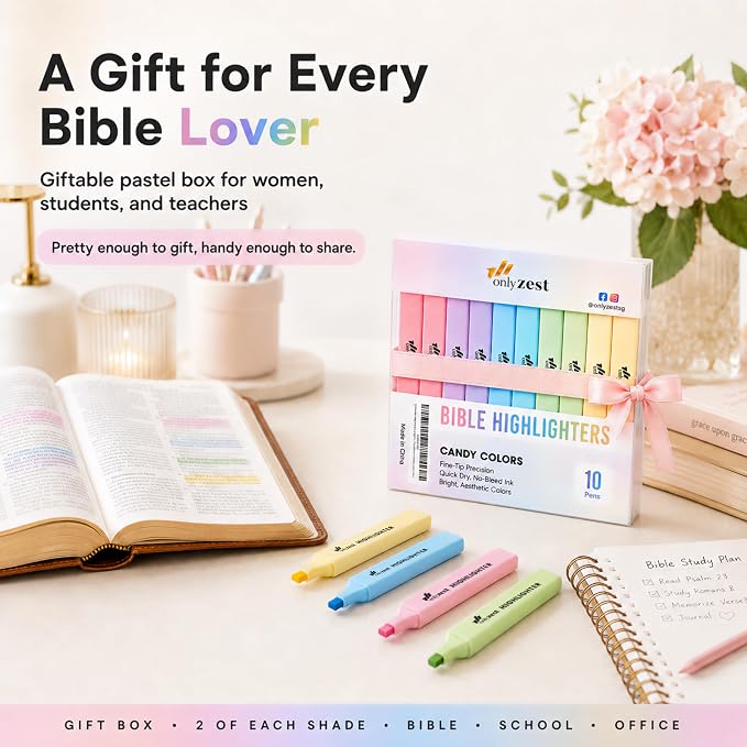 10 Aesthetic Bible Highlighters - Chisel Tip Liquid Ink Marker | Pen with Snap Caps for Clean Highlighting - Assorted Colors, No Bleed & Quick Dry - Bible Marker for Journaling & Studying