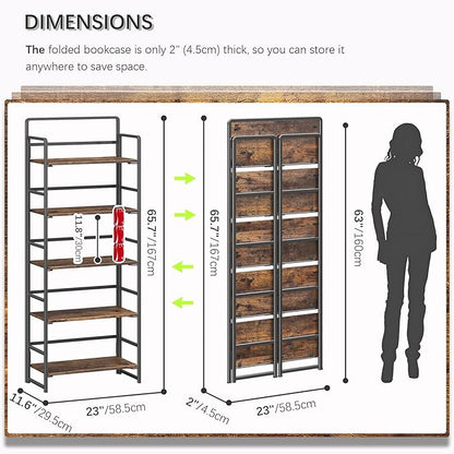 4NM No Assembly 5 Tiers Folding Bookshelf Storage Shelves Vintage Bookcase Standing Racks Study Organizer Home Office (Rustic Brown Black)