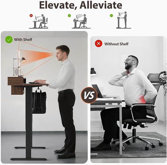 Agilestic Glass Standing Desk with Storage, 48 Inch Electric Adjustable Desk with Glass Shelf and Cable Management, Sit Stand Up Home Office Computer Table, Splice Board, Dark Walnut