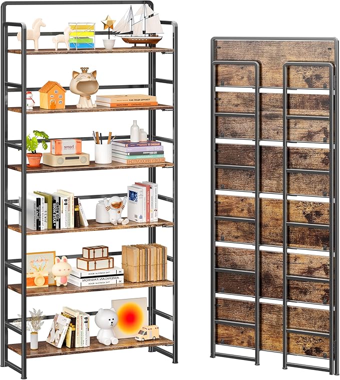 4NM No Assembly Extra Wide 6 Tiers Folding Bookshelf Storage Shelves Vintage Bookcase Standing Racks Study Organizer Home Office (Rustic Brown Black)