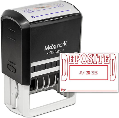 MaxMark Large Self-Inking Rubber Date Office Stamp with Deposited Phrase & Date - Red Ink, 12-Year Band - Style 5
