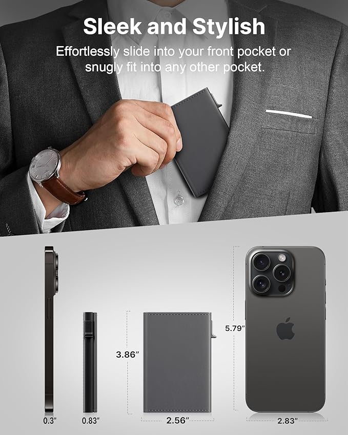 typecase Mens Wallet Card Holder: Pop Up Aluminum Case, Premium Genuine Leather, Smart, RFID Blocking, Slim, Minimalist, Front Pocket - 9-14 Card Capacity | ID Window | Cash Slot - Deep Grey