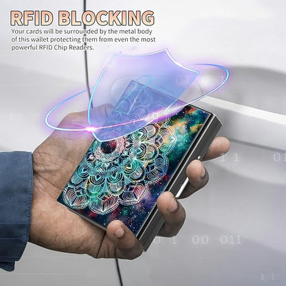 BWEGRHE Slim Credit Card Holder, Art Mandalas RFID Blocking Metal Wallet for Men & Women, Aluminum Minimalist Hard Case Pocket-Sized Business Cards Organizer (Fits Up to 10 Cards)
