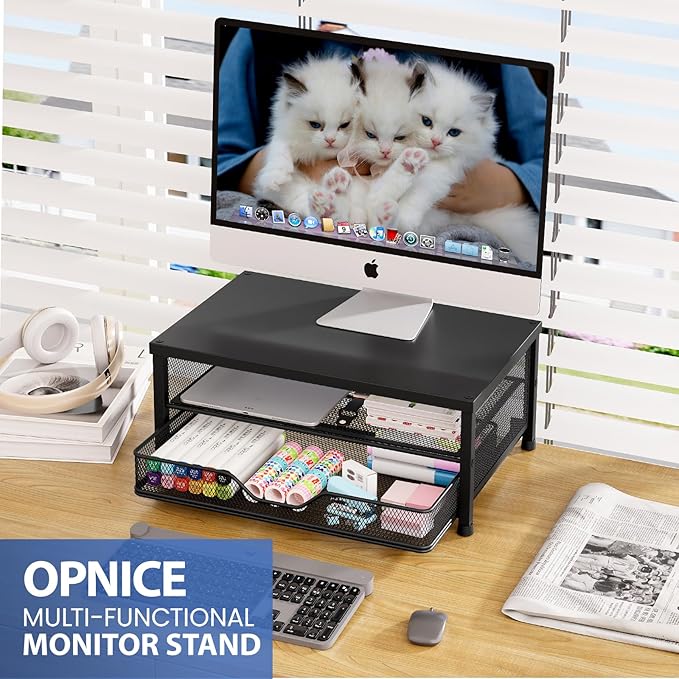 OPNICE Computer Monitor Stand Riser, Desk Organizer with Drawer, Laptop Stand, Office Desk Accessories & Workspace Desktop Organizers Storage for Office Supplies(Black)