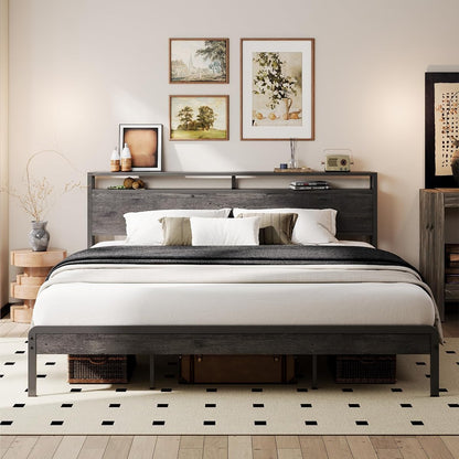 California King Bed Frames with 2-Tier Storage Shelf Headboard