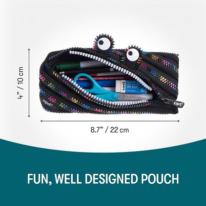 ZIPIT Monster Pencil Case for Kids, Cute Zipper Pouch for Boys Girls and Teens, Stationery Bag for School ,Black & Rainbow