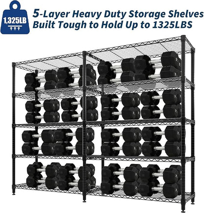 MilleLoom 5-Tier Storage Shelves, 60"W Metal Shelving Unit Heavy Duty Adjustable Garage Corner Wire Rack, H-Shaped/L-shaped Shelf for Kitchens, Pantry Rooms, Basement Storage,13.8"D x 60"W x 70.5"H