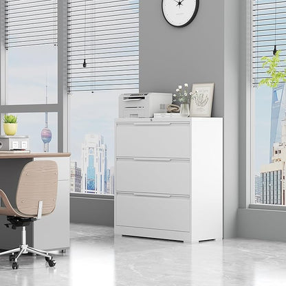 LONGLINK 3 Drawer Lateral File Cabinets with Lock,Metal Filing Cabinet for Home Office,Wide Office Storage Cabinet with Hanging Bars for A4 Legal/Letter Size(White-Easy Assembly)