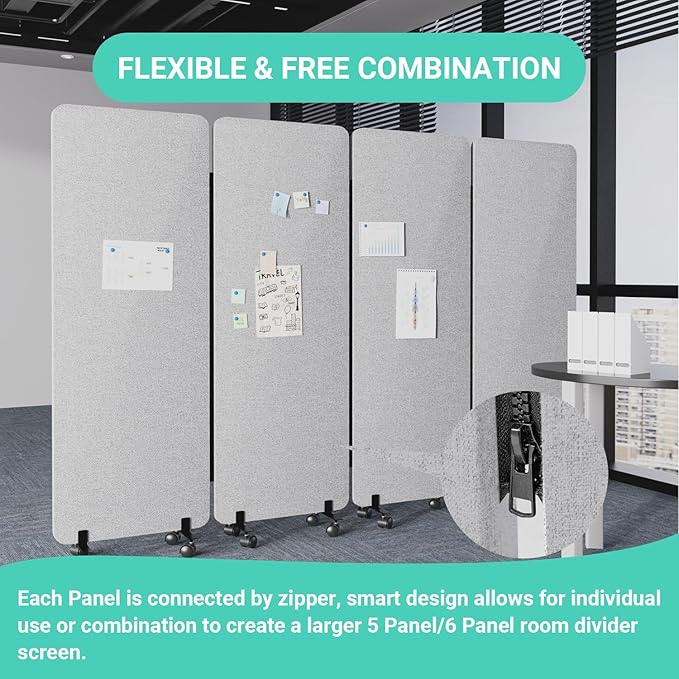 Soundproof Room Divider W/Wheels, 66in Office Dividers for Sound Proofing & Reducing, Sound Proof Dividers for Office Partitions Portable Temporary Wall Acoustic Wall Divider (Dark Grey, 4 Panel)