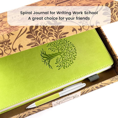 Spiral Notebook Wide Ruled Leather Journal for Women, 300 Pages, 7X10,Green | Large Notebooks for School Office, Note Taking Notebooks for Writing Lined Notebook with Tabs Pockets Pen Holder