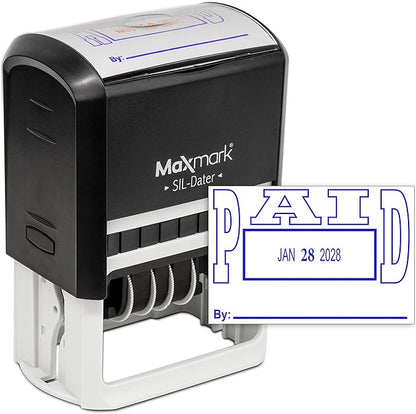 MaxMark Large Self-Inking Rubber Date Office Stamp with Paid Phrase & Date - Blue Ink, 12-Year Band - Style 5