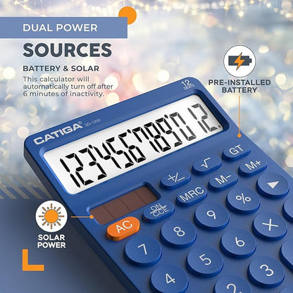 CATIGA 12 Digit Desktop Calculator Basic Desk Calculator with Large LCD Display, Big Buttons, 4 Function, Solar and Battery Dual Power, for Office, School, Home, SD-1292 Navy Blue