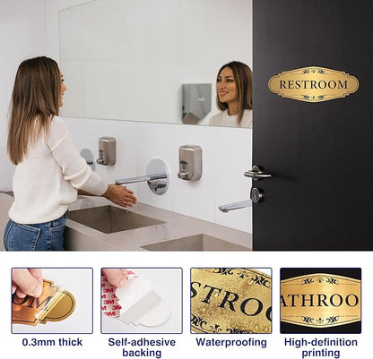 Restroom Sign Sticker for Business & Home, Self-Adhesive Brushed Gold Elegant Bathroom Signs for Door, Durable & Waterproof Unisex Restroom Signage for House toilet, Office, Store, Shop