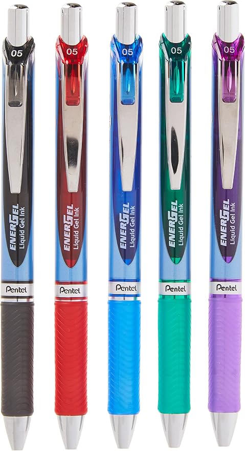 Pentel EnerGel RTX Retractable Liquid Gel Pen, (0.5mm), Fine Line, Metal Tip, Assorted Ink Colors, Pack of 5 (BLN75BP5M)