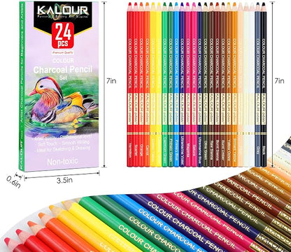 KALOUR PDAS 24 Premium Colored Charcoal Pencils Drawing Set, Quality Pastel Chalk Pencils, Skin Tone Colored, for Coloring, Sketching, Drawing, Layering & Blending for Beginners & Artists