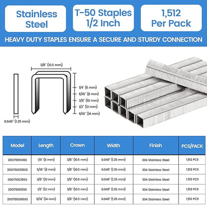 meite T-50 Heavy Duty Staples Marine, 1/2 Inch 304 Stainless Steel Staples for Staple Gun, 20 Gauge 3/8 Inch Crown Upholstery Staple for Marine Applications (1 Case)
