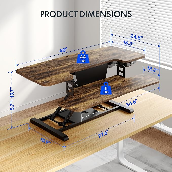 FLEXISPOT 40 inch Electric Motor Desk Converter, Sit to Stand Monitor and Laptop Workstation, Height Adjustable Riser with Wide Keyboard Tray, Rustic Color