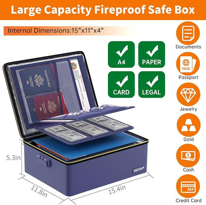 ENGPOW Fireproof Document Box with Lock & Heat-Resistant Fireproof Zipper | 6400°F 12-Layer Fire Protection, Hard File Organizer with Pockets, Portable Home Chest Safe Storage for Money,Jewelry, Blue