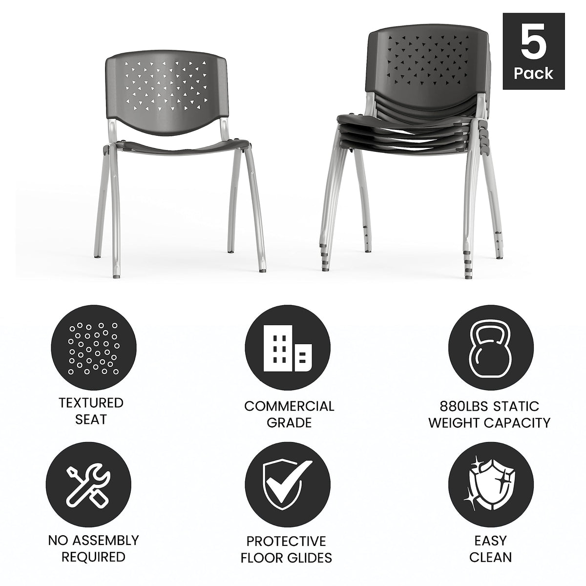 5 Pack 880 lb. Capacity Gray Plastic Stack Chair | Comfortable Seating with Durable Design