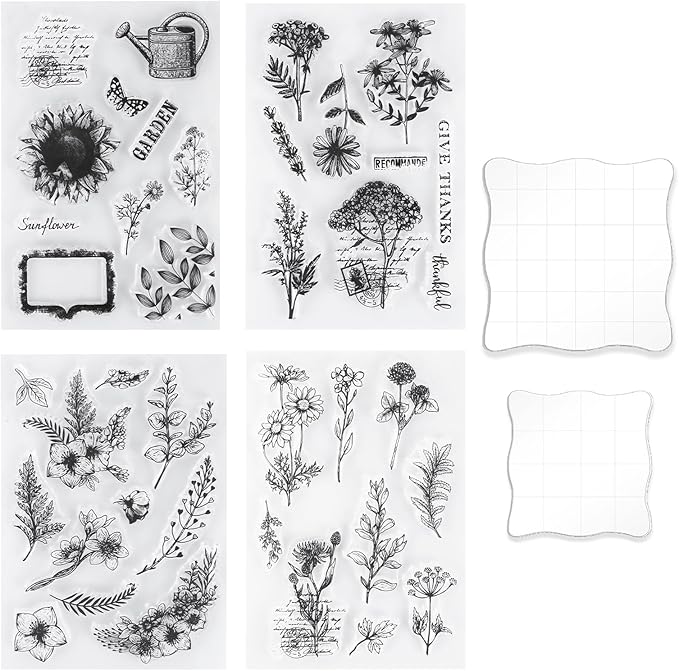 UCEC 4 Sheets Clear Stamps Set for Card Making and 2 Pcs Acrylic Stamp Block, Vintage Plants and Flowers Rubber Silicone Stamps, Small Clear Stamps for Crafts Decoration and DIY Scrapbooking