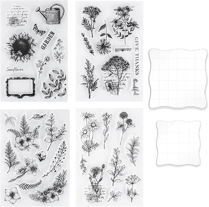 UCEC 4 Sheets Clear Stamps Set for Card Making and 2 Pcs Acrylic Stamp Block, Vintage Plants and Flowers Rubber Silicone Stamps, Small Clear Stamps for Crafts Decoration and DIY Scrapbooking