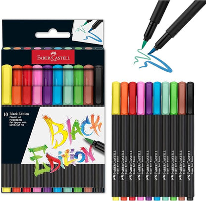 Faber-Castell Black Edition Felt Tip Pens, Soft Brush Nib, 10 Colors