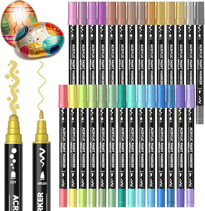 Shuttle Art 28 Metallic Colors Dual Tip Acrylic Paint Markers, Dot Tip and Fine Tip Acrylic Paint Pens for Rock, Ceramic, Wood, Canvas, Plastic, Glass, Stone, Calligraphy, Card, DIY Football Crafts