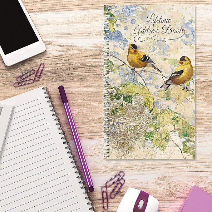Current Feathered Nest Address Book - 94 Pages; Small 5" x 8-1/2" Size for Purse or Office, Spiral Bound Soft Cover Organizer for Contacts, Addresses, Email, & Phone Numbers + 50 Replacement Stickers