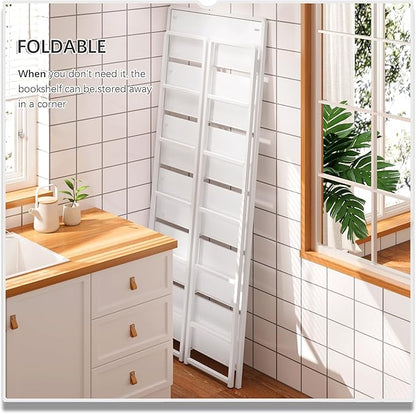 4NM No Assembly 6 Tiers Folding Bookshelf Storage Shelves Vintage Bookcase Standing Racks Study Organizer Home Office (All White)