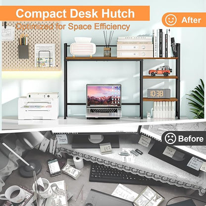 Snughome Desk Shelf, 44.9" Large Desktop Organizer Shelf, Desk Hutch for Computer Monitor, 4 Tier Desk Top Display Rack, Wood Desktop Bookshelf Storage Rack for Home Office Dorm