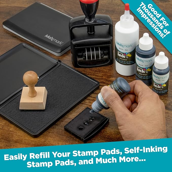MaxMark Premium Refill Ink with Control Tip Bottle for Self-Inking Stamps, Gray Color - 4 oz.
