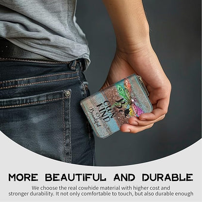 BWEGRHE Cute Credit Card Holder with Zipper, Dragonfly Glitter Wood RFID-Blocking Card Case Small Wallet for Women Men, Multi-slot Card Organizer Case Travel Accordion Wallet