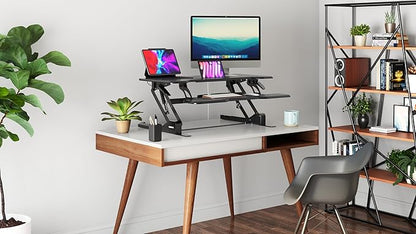 Mount-It! 38" Standing Desk Converter, Desktop Sit-Stand Desk Riser with Gas Spring Height Adjustment, Compact Desk Topper for Dual Monitors or Laptop, Keyboard Tray, Black