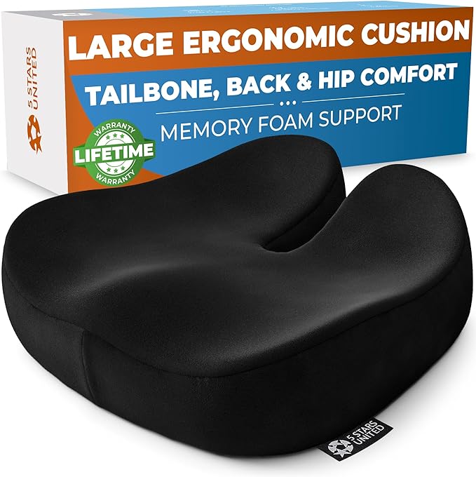 5 STARS UNITED Seat Cushion for Tailbone Pain Relief – Large Memory Foam Cushion for Coccyx, Hip, Sciatica & Post-Surgery Recovery – Wheelchair, Car, Desk, Gaming & Office Chairs, Black